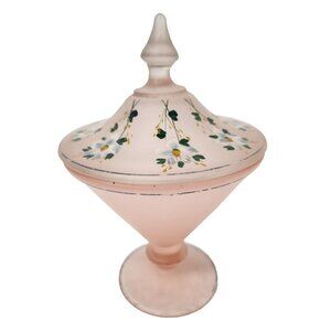 Vintage Tiffin Glass Pink Satin Candy Dish Lidded Floral Hand Painted Footed